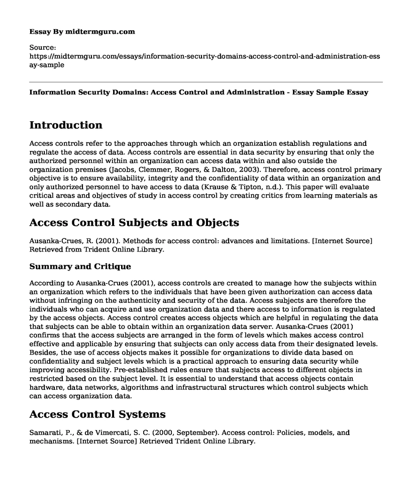 Information Security Domains: Access Control and Administration - Essay Sample