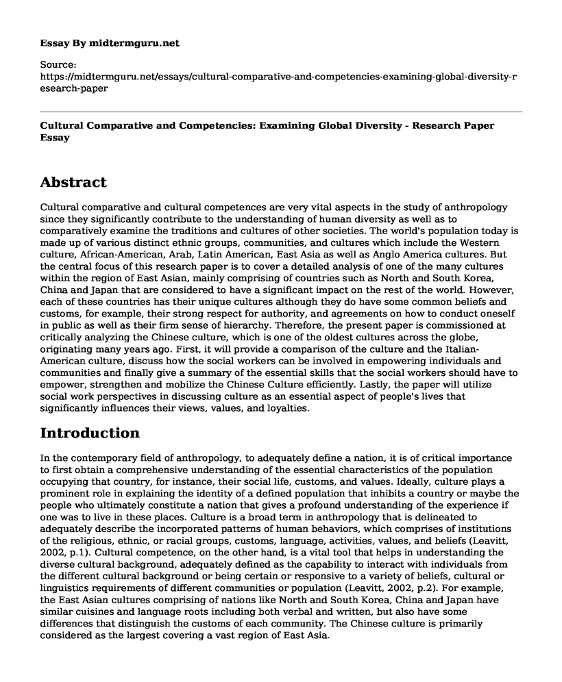 Cultural Comparative and Competencies: Examining Global Diversity - Research  Paper