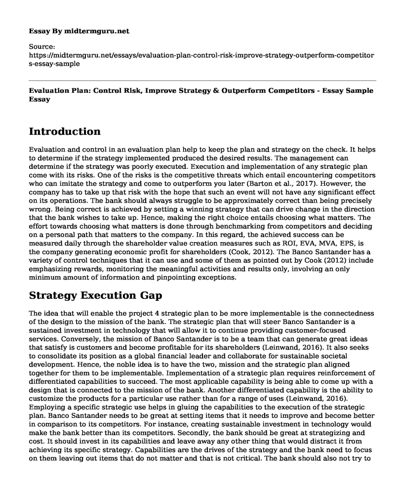 Evaluation Plan: Control Risk, Improve Strategy & Outperform Competitors - Essay Sample