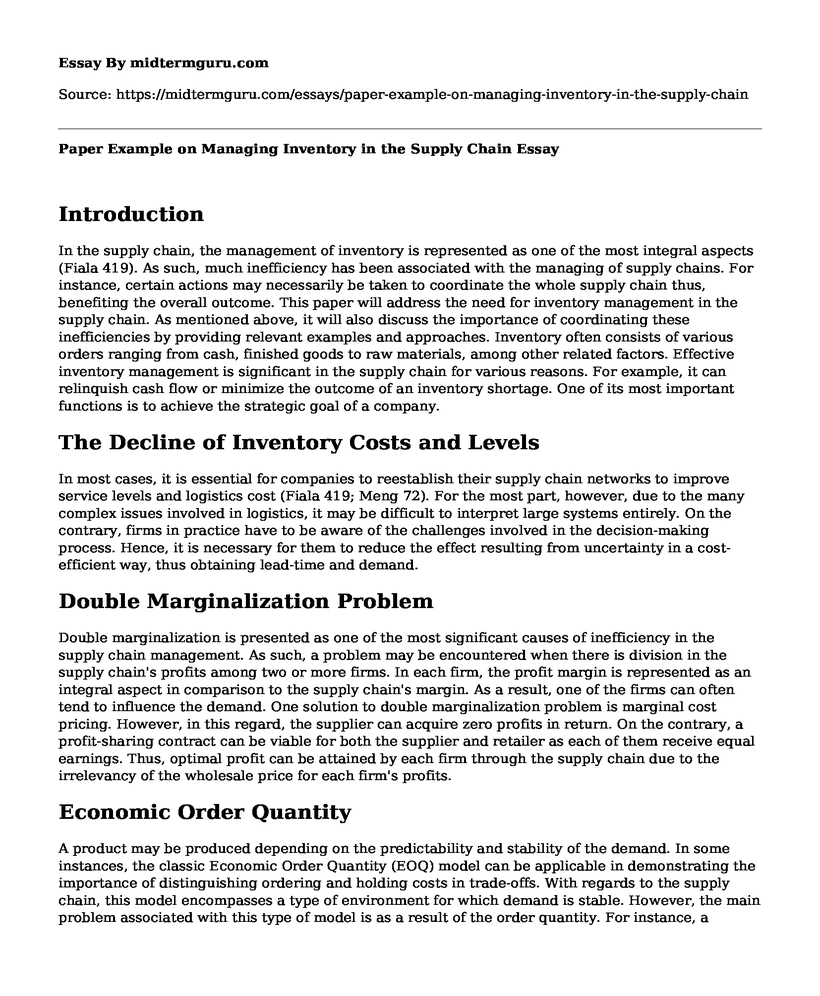 Paper Example on Managing Inventory in the Supply Chain