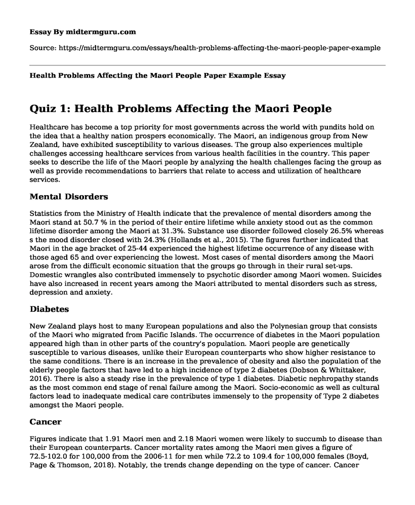 Health Problems Affecting the Maori People Paper Example