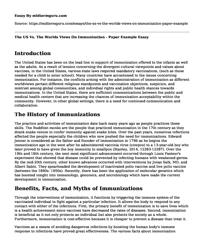 The US Vs. The Worlds Views On Immunization - Paper Example