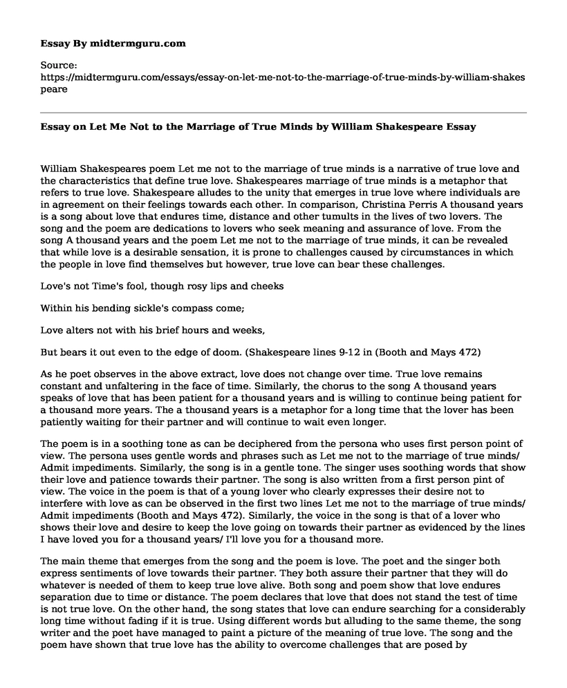 Essay on Let Me Not to the Marriage of True Minds by William Shakespeare