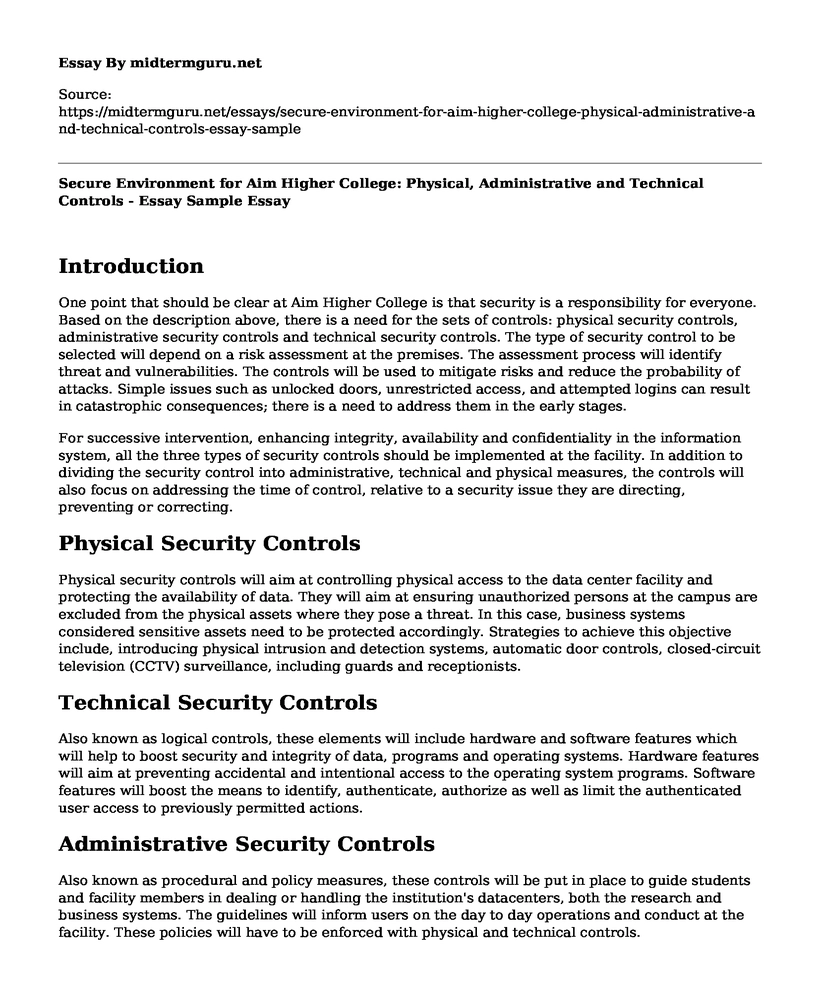 Secure Environment for Aim Higher College: Physical, Administrative and Technical Controls - Essay Sample