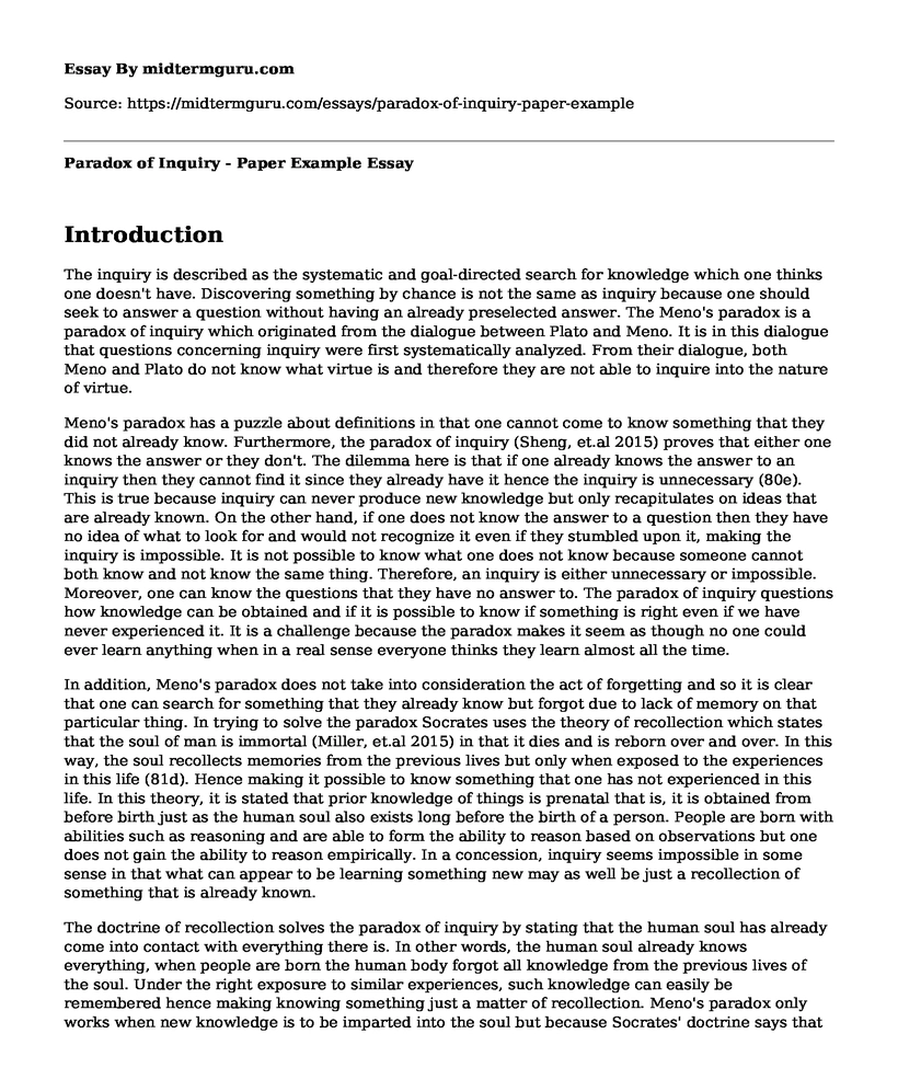 Paradox of Inquiry - Paper Example