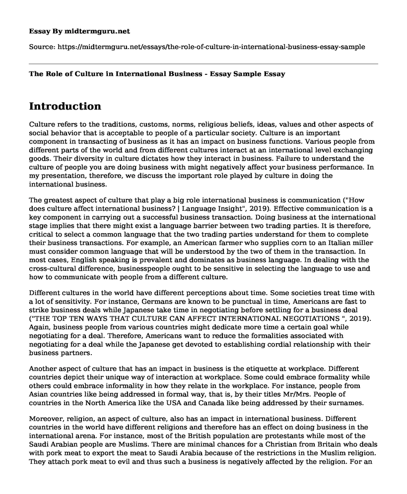 The Role of Culture in International Business - Essay Sample
