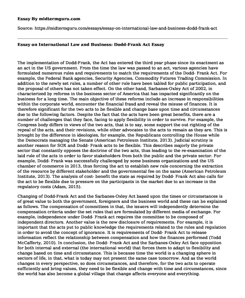 Essay on International Law and Business: Dodd-Frank Act