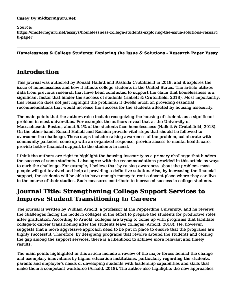 Homelessness & College Students: Exploring the Issue & Solutions - Research Paper