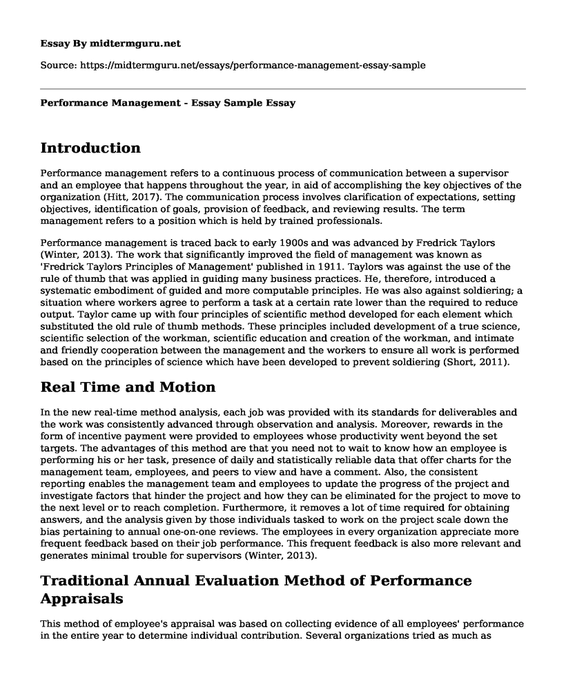 Performance Management - Essay Sample