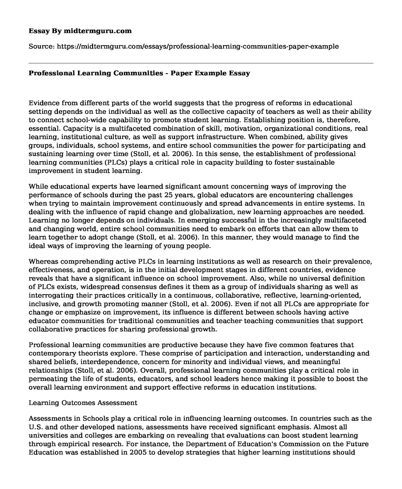 Professional Learning Communities - Paper Example