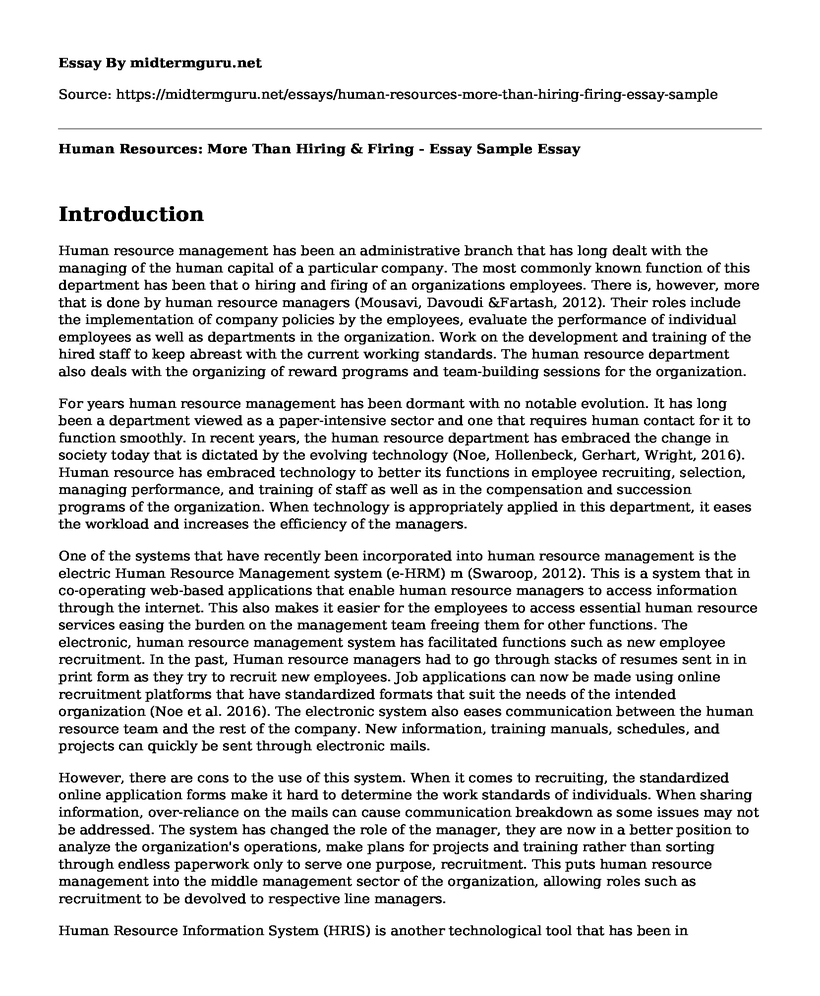 Human Resources: More Than Hiring & Firing - Essay Sample
