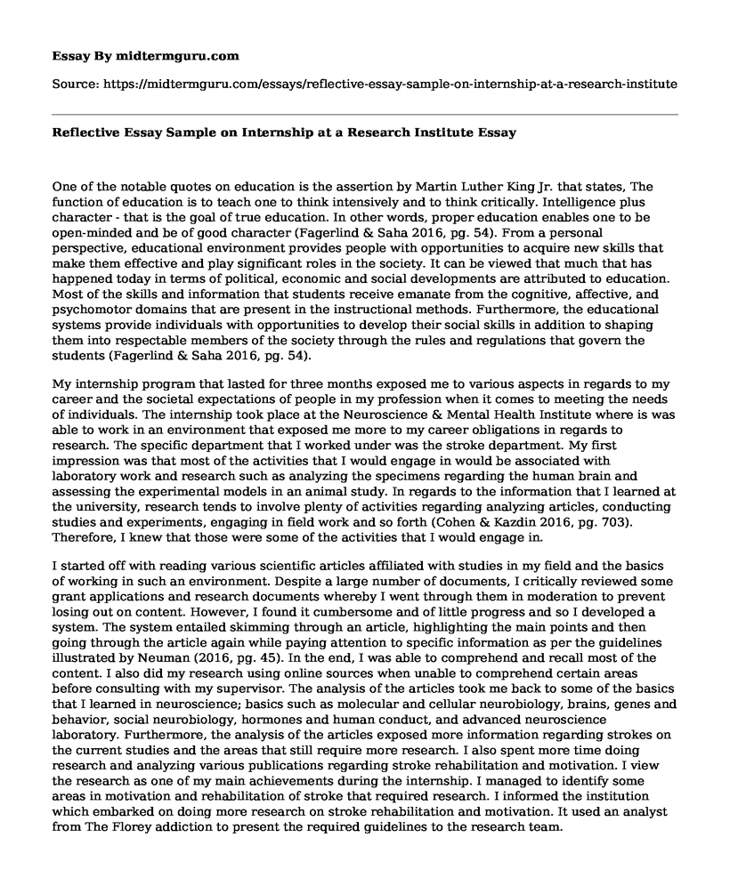 Reflective Essay Sample on Internship at a Research Institute