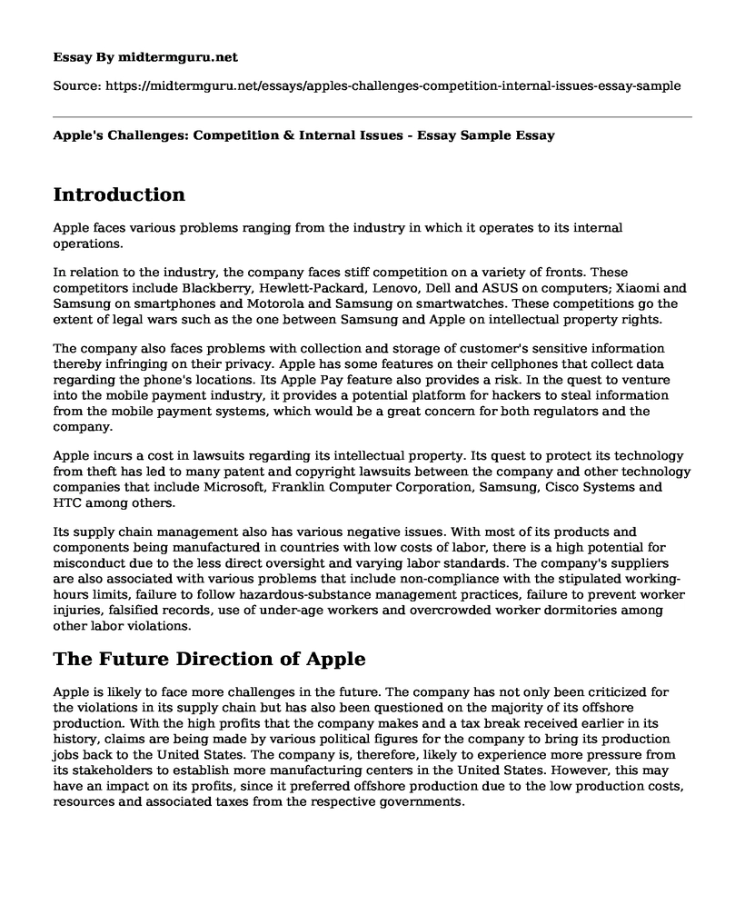 Apple's Challenges: Competition & Internal Issues - Essay Sample
