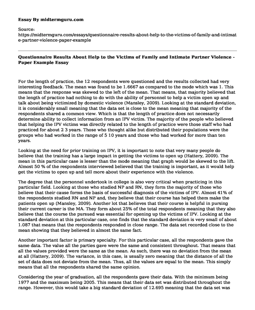 Questionnaire Results About Help to the Victims of Family and Intimate Partner Violence - Paper Example