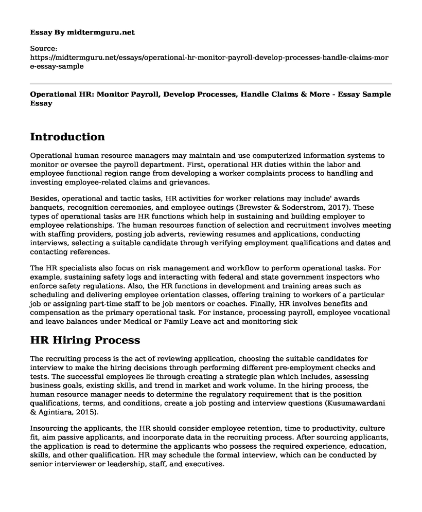 Operational HR: Monitor Payroll, Develop Processes, Handle Claims & More - Essay Sample