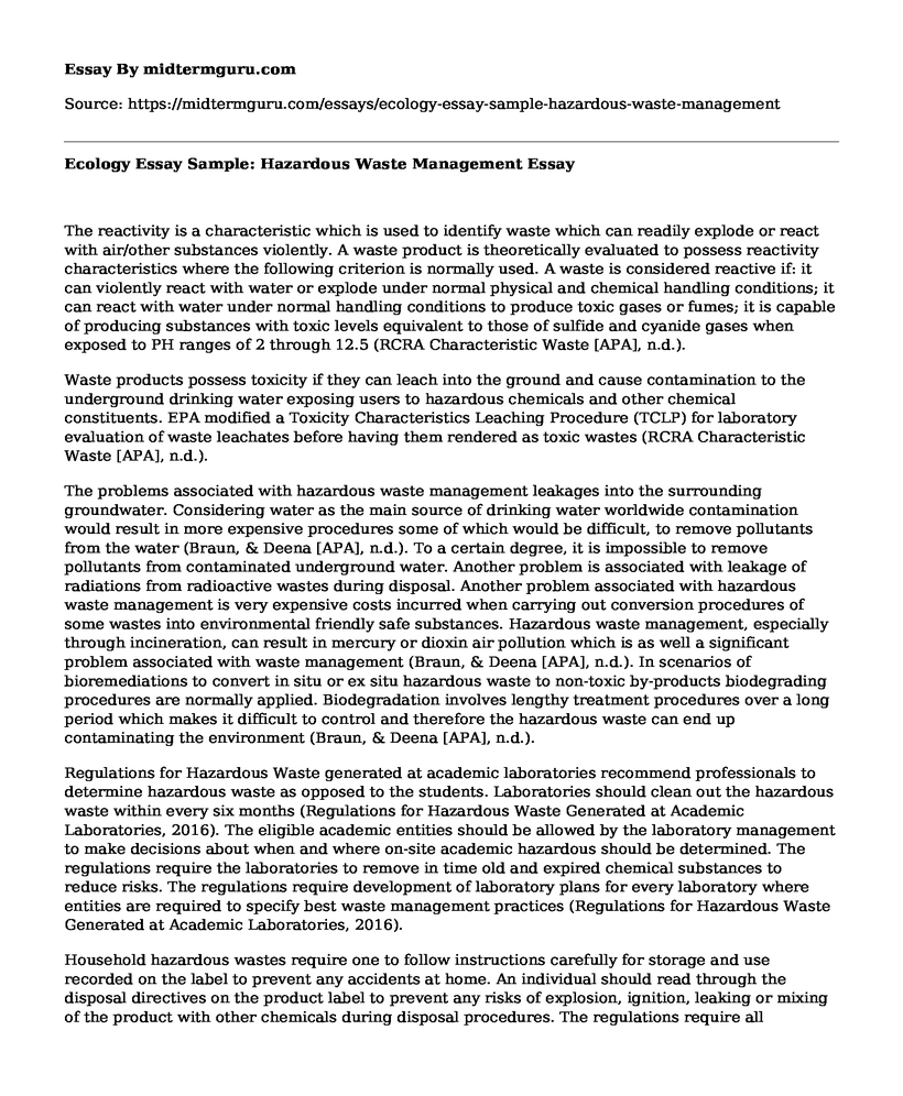 Ecology Essay Sample: Hazardous Waste Management