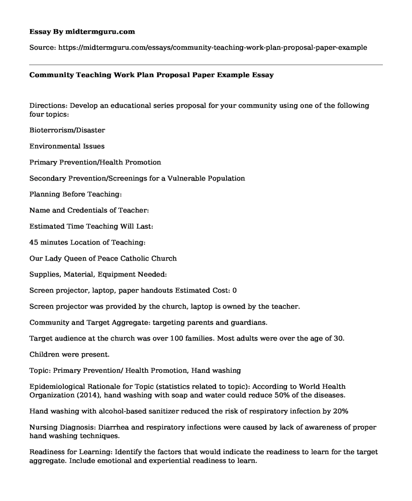 Community Teaching Work Plan Proposal Paper Example