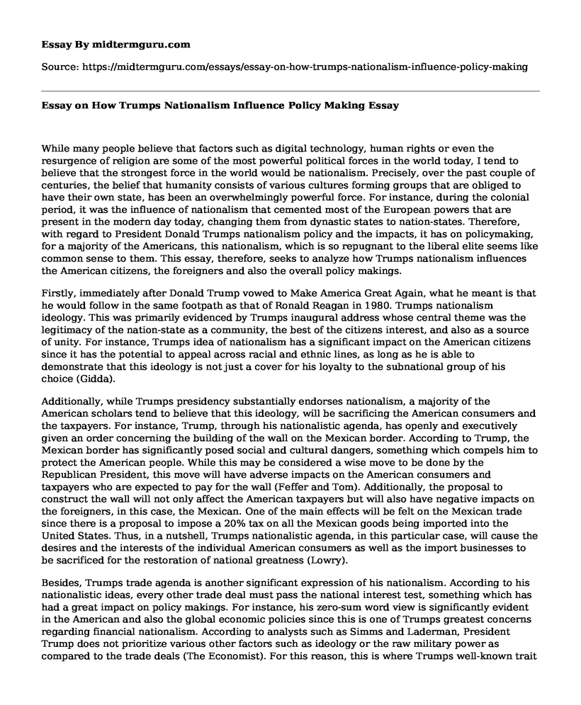 Essay on How Trumps Nationalism Influence Policy Making