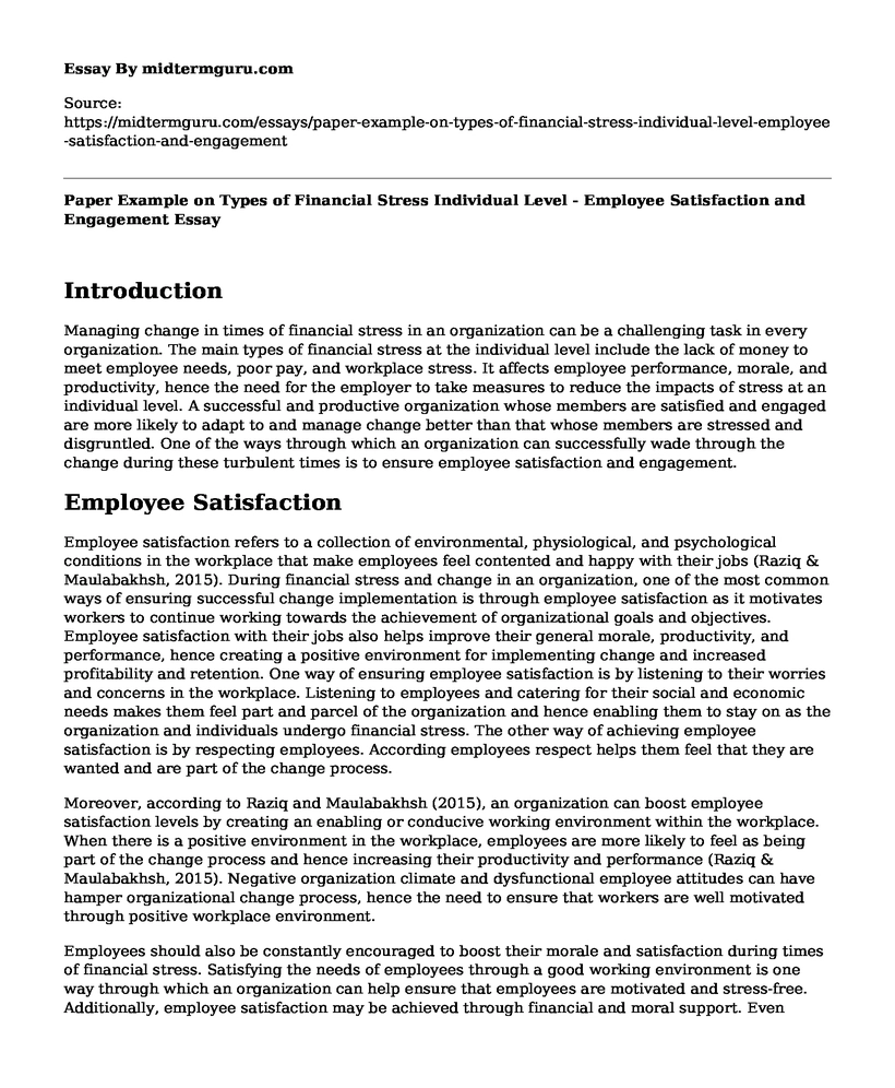 Paper Example on Types of Financial Stress Individual Level - Employee Satisfaction and Engagement