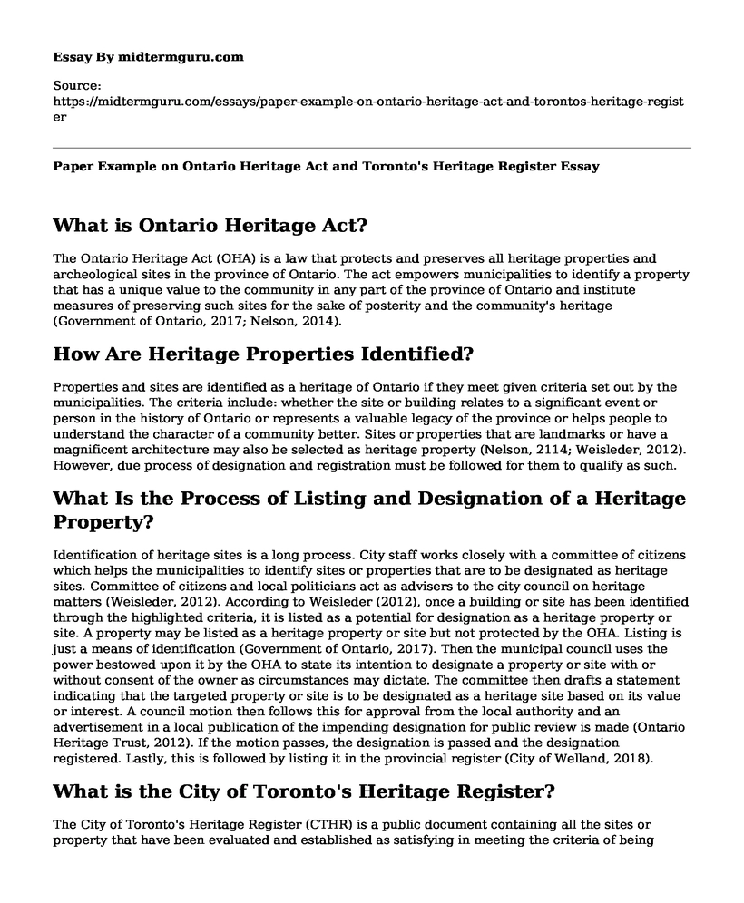 Paper Example on Ontario Heritage Act and Toronto's Heritage Register