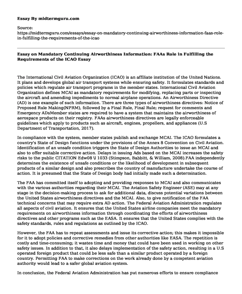 Essay on Mandatory Continuing Airworthiness Information: FAAs Role in Fulfilling the Requirements of the ICAO