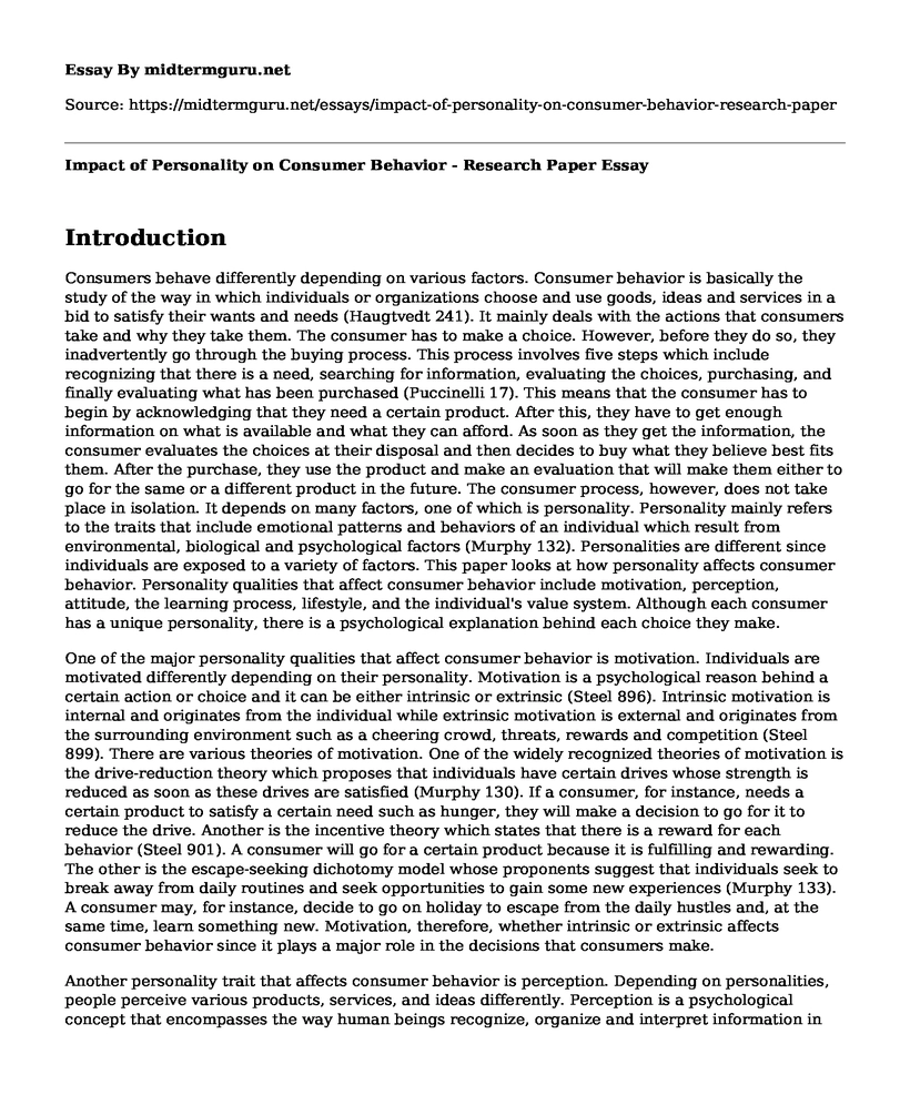 Impact of Personality on Consumer Behavior - Research Paper