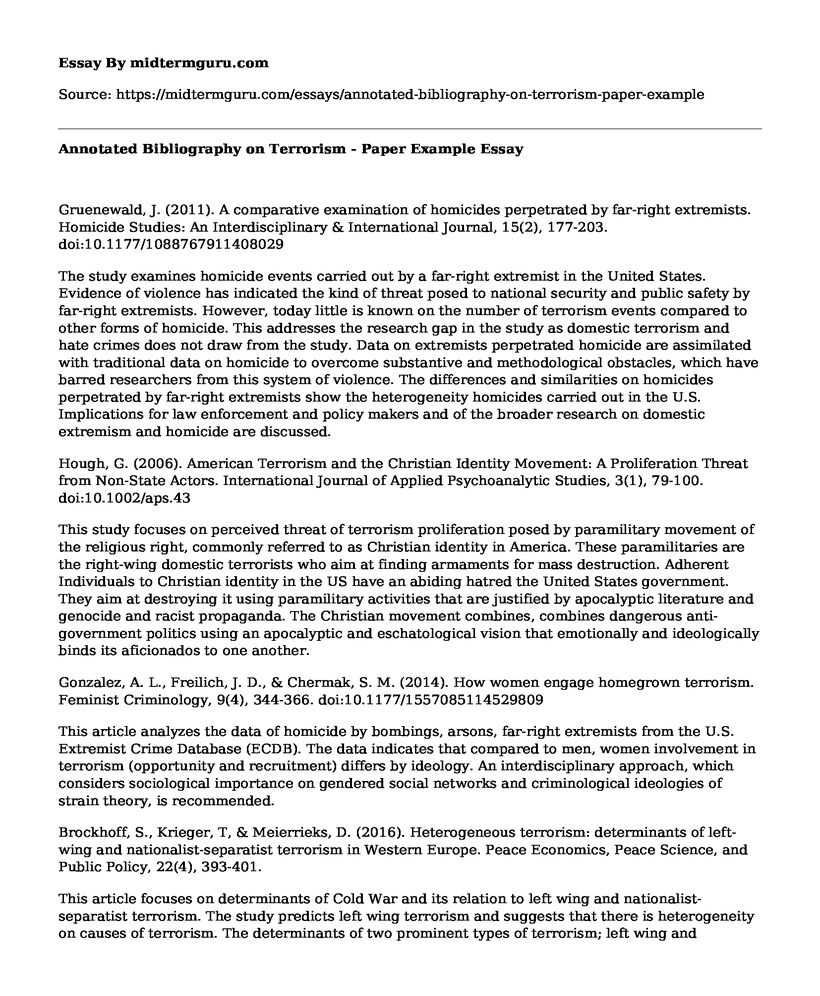 Annotated Bibliography on Terrorism - Paper Example