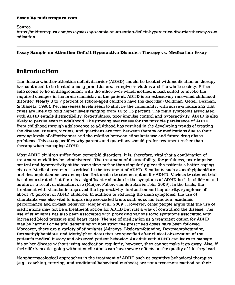 Essay Sample on Attention Deficit Hyperactive Disorder: Therapy vs. Medication