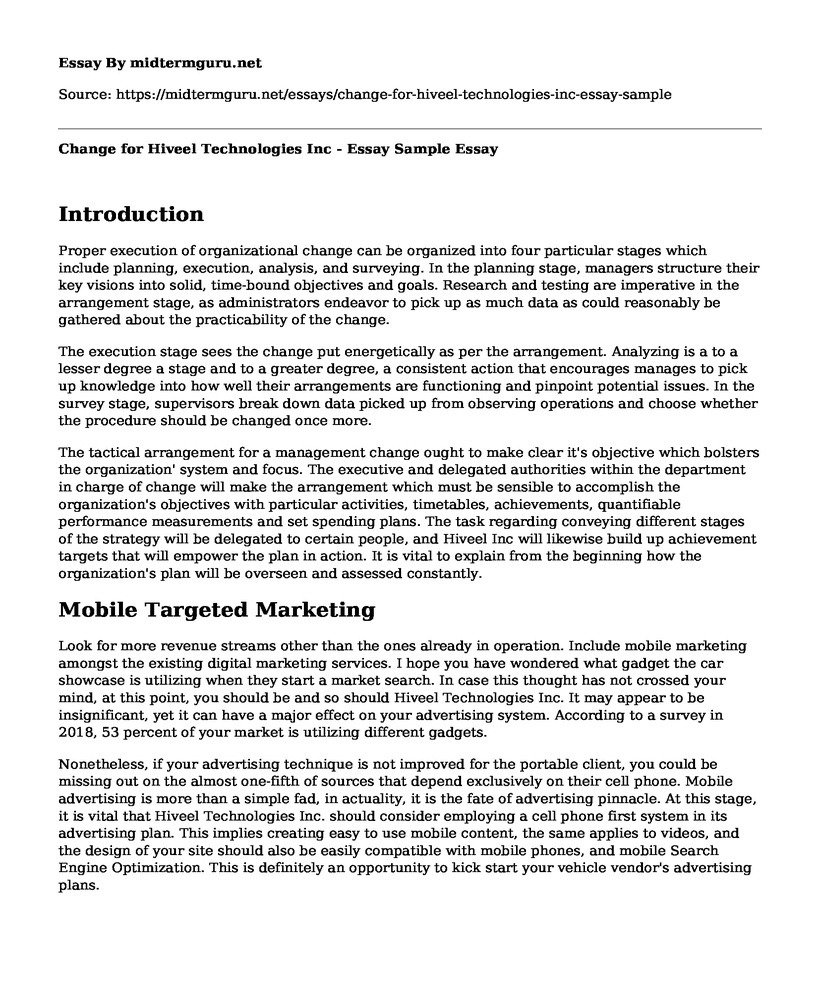 Change for Hiveel Technologies Inc - Essay Sample