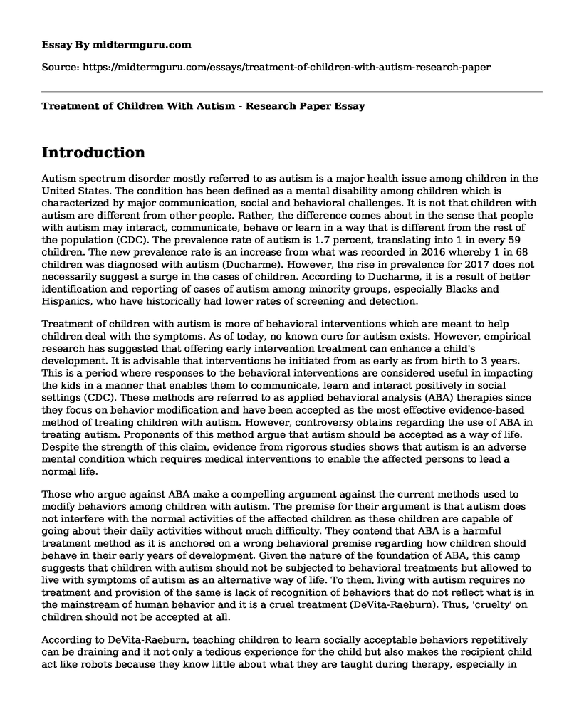Treatment of Children With Autism - Research Paper