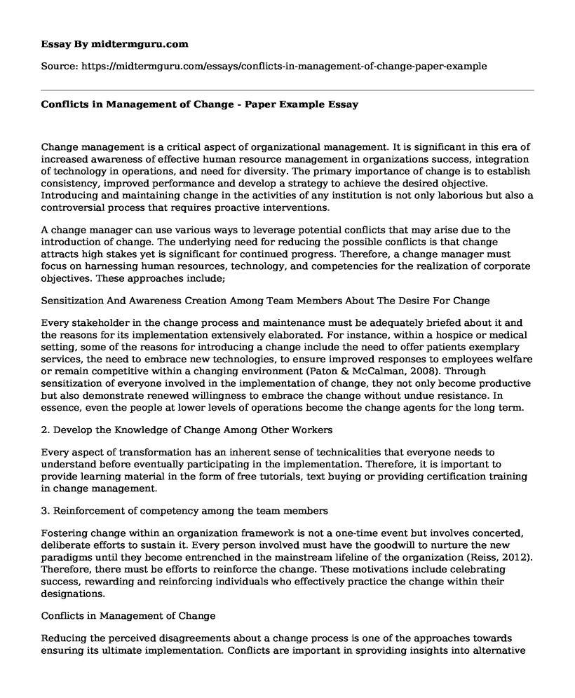 Conflicts in Management of Change - Paper Example