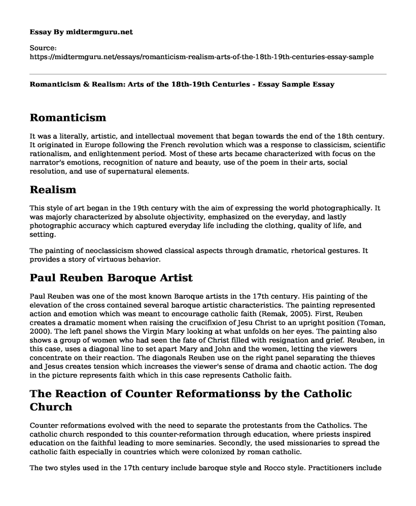 Romanticism & Realism: Arts of the 18th-19th Centuries - Essay Sample