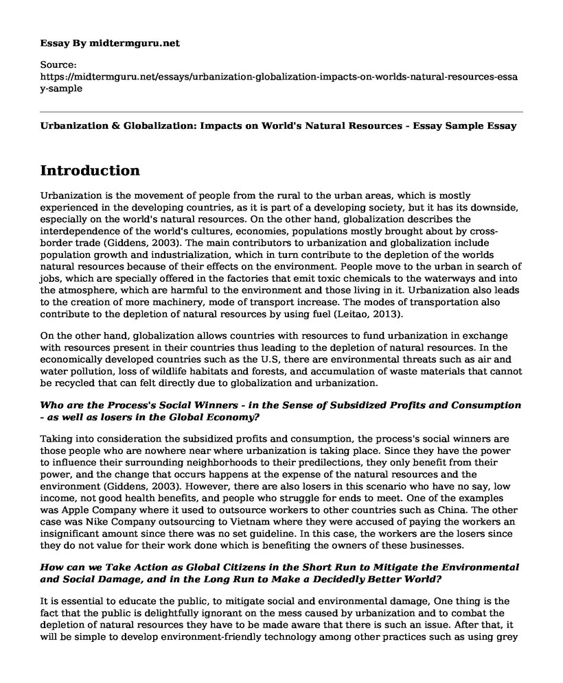 Urbanization & Globalization: Impacts on World's Natural Resources - Essay Sample