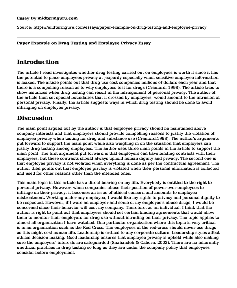 Paper Example on Drug Testing and Employee Privacy