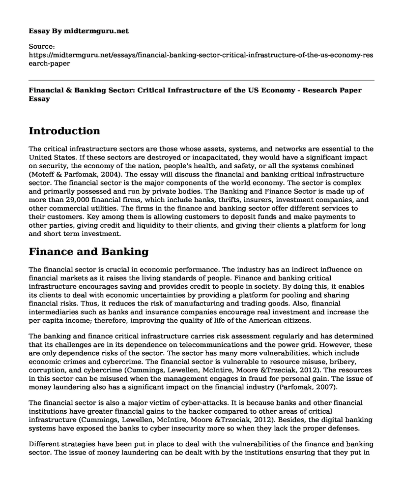 Financial & Banking Sector: Critical Infrastructure of the US Economy - Research Paper