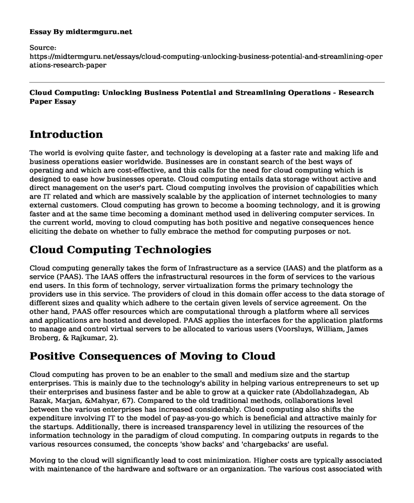 Cloud Computing: Unlocking Business Potential and Streamlining Operations - Research Paper