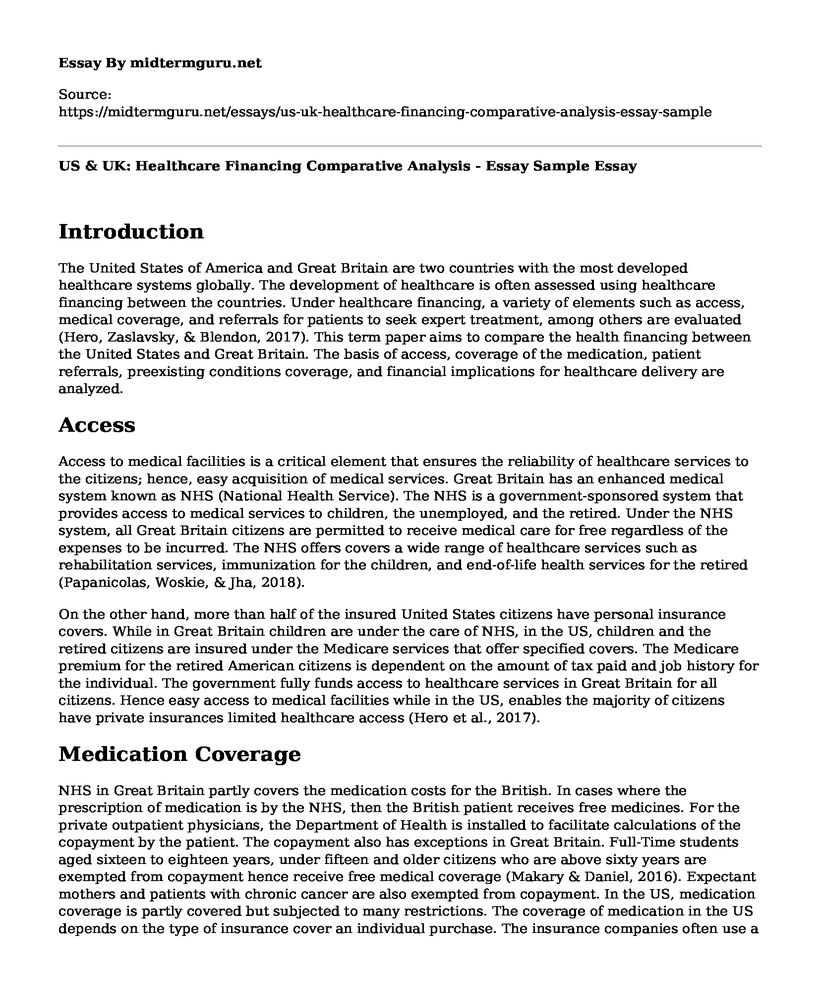 US & UK: Healthcare Financing Comparative Analysis - Essay Sample