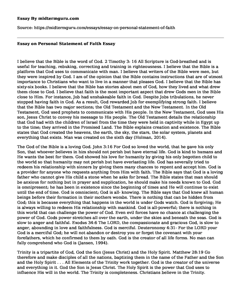 Essay on Personal Statement of Faith