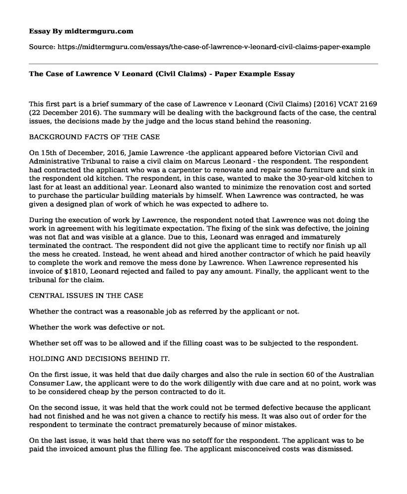 The Case of Lawrence V Leonard (Civil Claims) - Paper Example