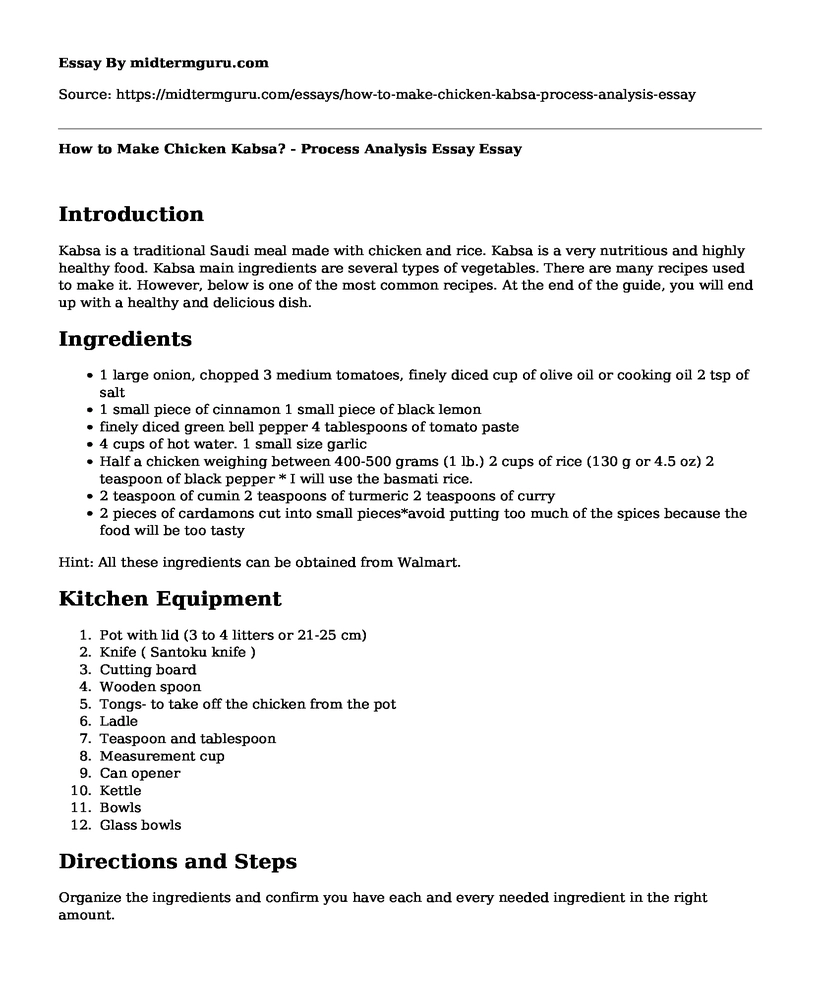 How to Make Chicken Kabsa? - Process Analysis Essay