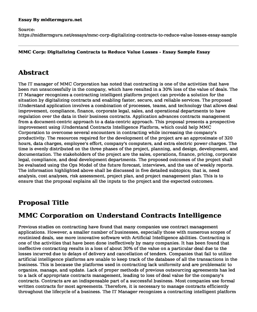 MMC Corp: Digitalizing Contracts to Reduce Value Losses - Essay Sample