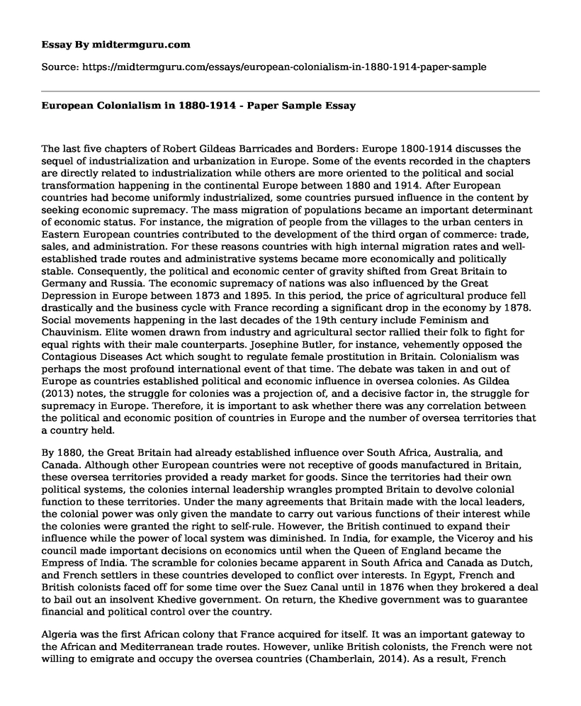 European Colonialism in 1880-1914 - Paper Sample