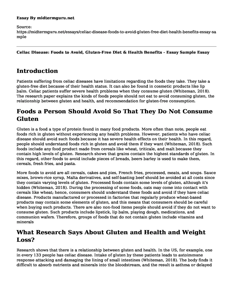 Celiac Disease: Foods to Avoid, Gluten-Free Diet & Health Benefits - Essay Sample
