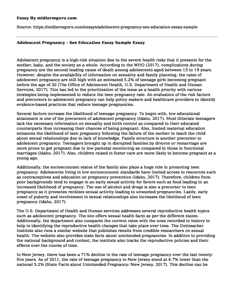 Adolescent Pregnancy - Sex Education Essay Sample