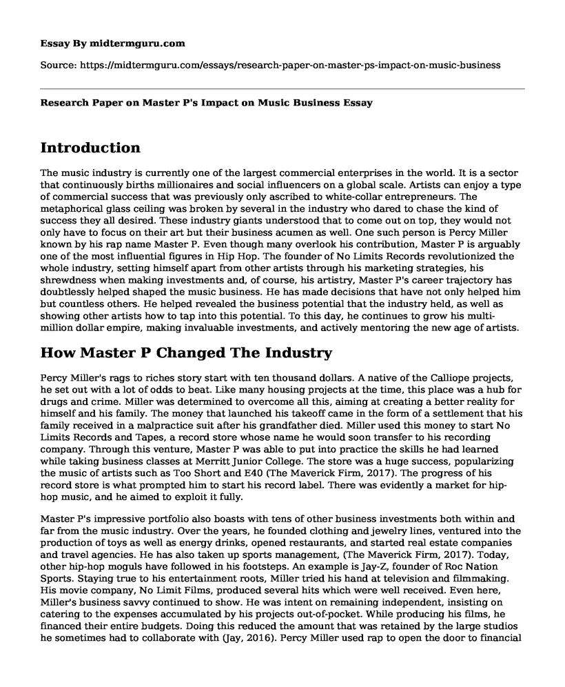 Research Paper on Master P's Impact on Music Business