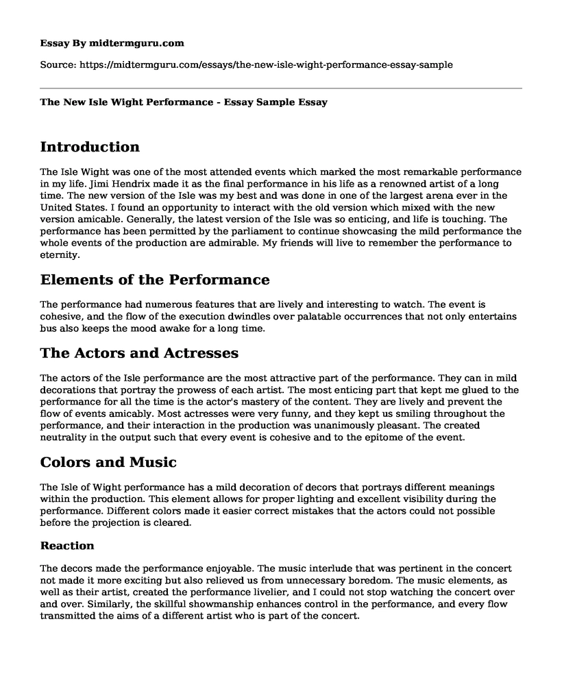 The New Isle Wight Performance - Essay Sample