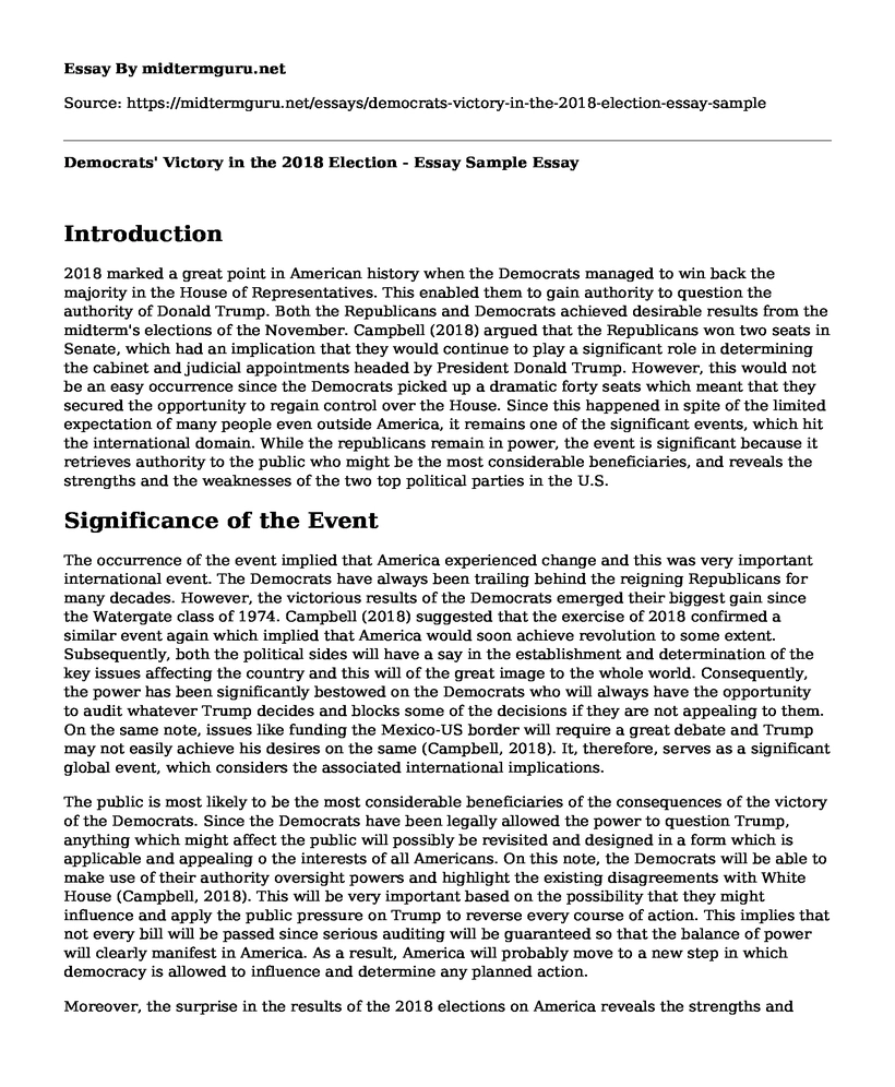 Democrats' Victory in the 2018 Election - Essay Sample