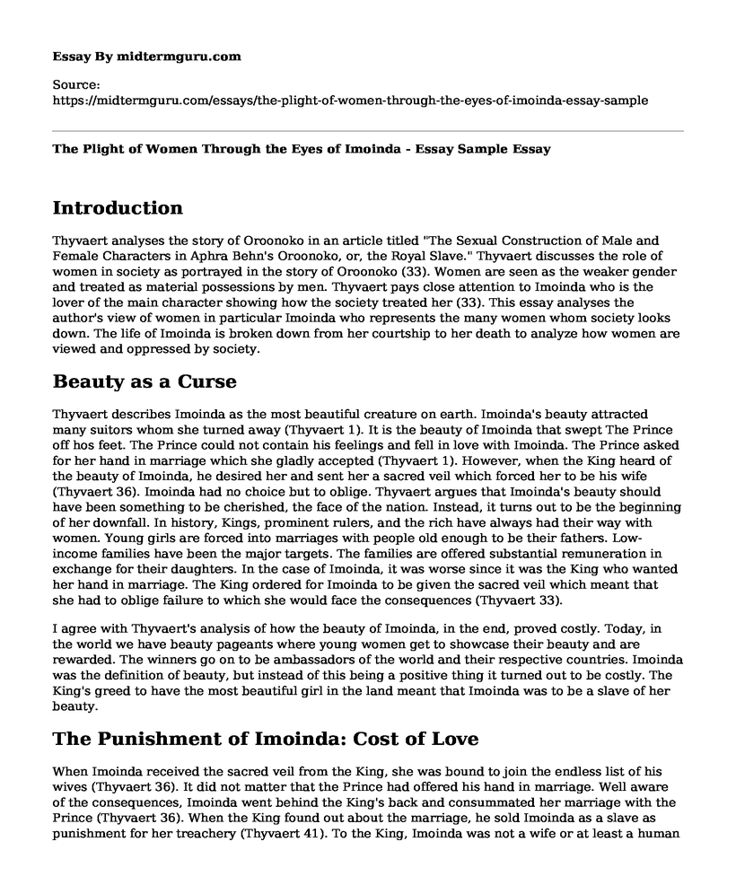 The Plight of Women Through the Eyes of Imoinda - Essay Sample