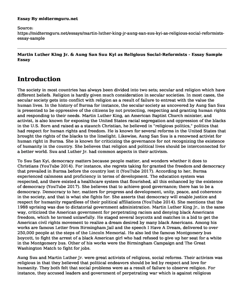 Martin Luther King Jr. & Aung San Suu Kyi as Religious Social-Reformists - Essay Sample