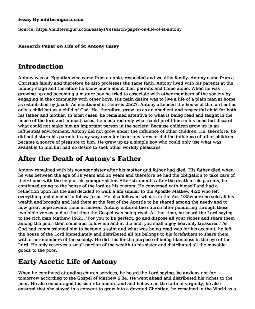 Research Paper on Life of St Antony